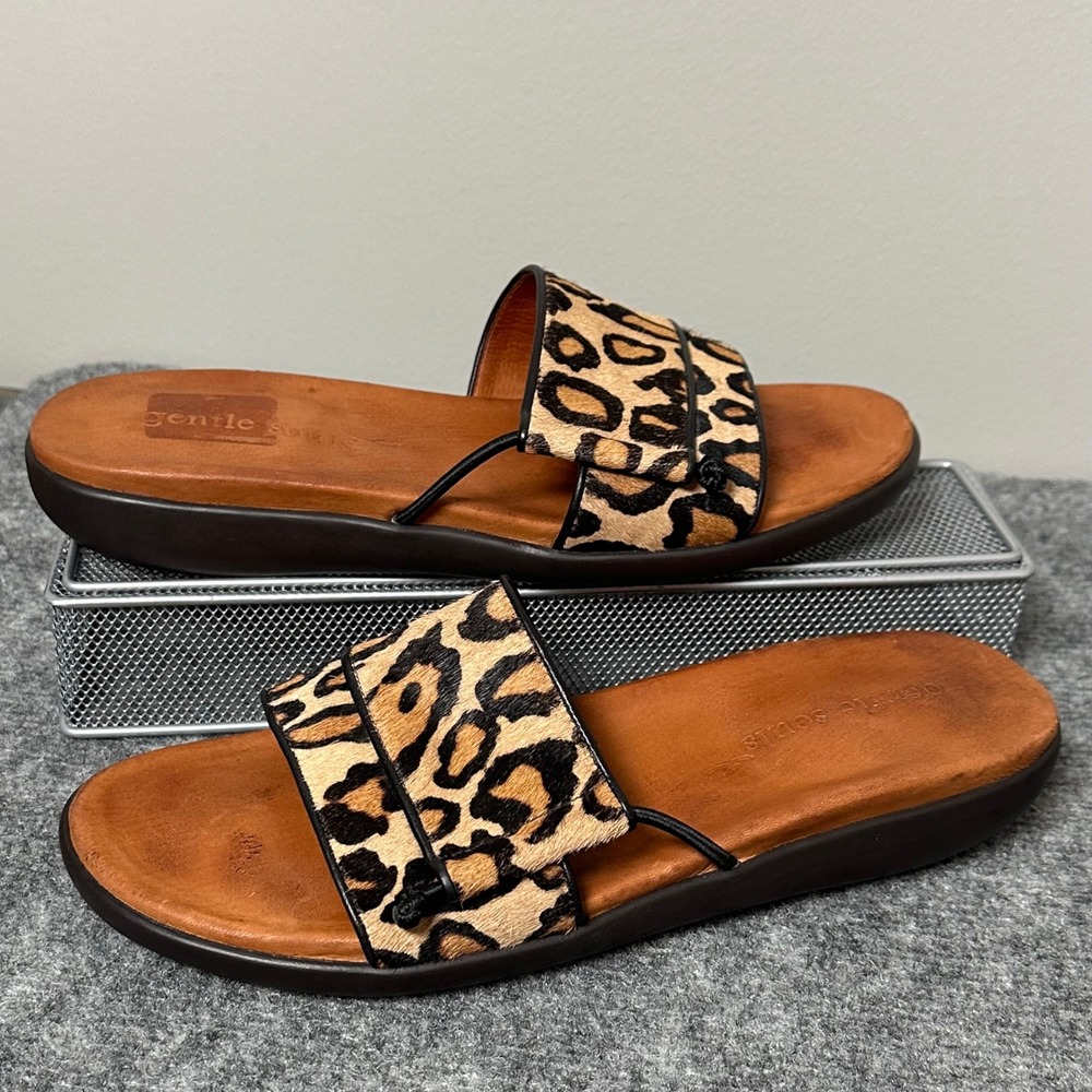 Gentle Souls By Kenneth Cole Leopard Calf Hair Leather Slide Sandals Women's 10